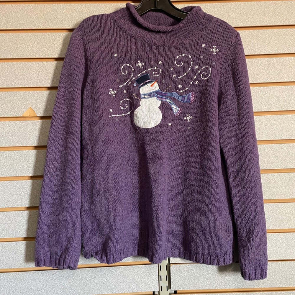 Christopher Banks Purple Snowman Knit Sweater Mock Neck Festive Holiday Womens M